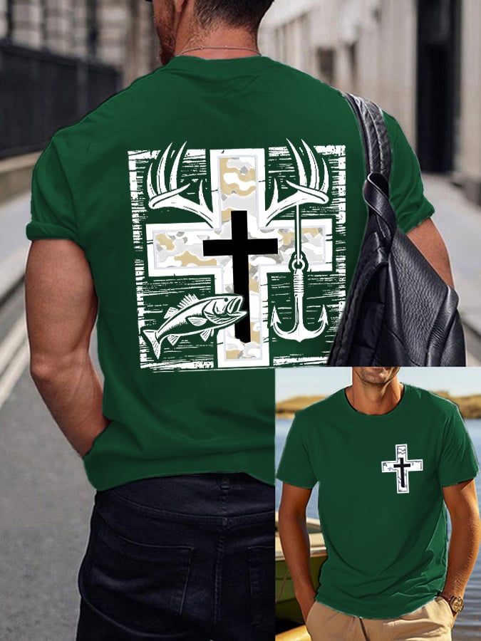 Men's Retro Faith Fishing Hunting Print T-Shirt