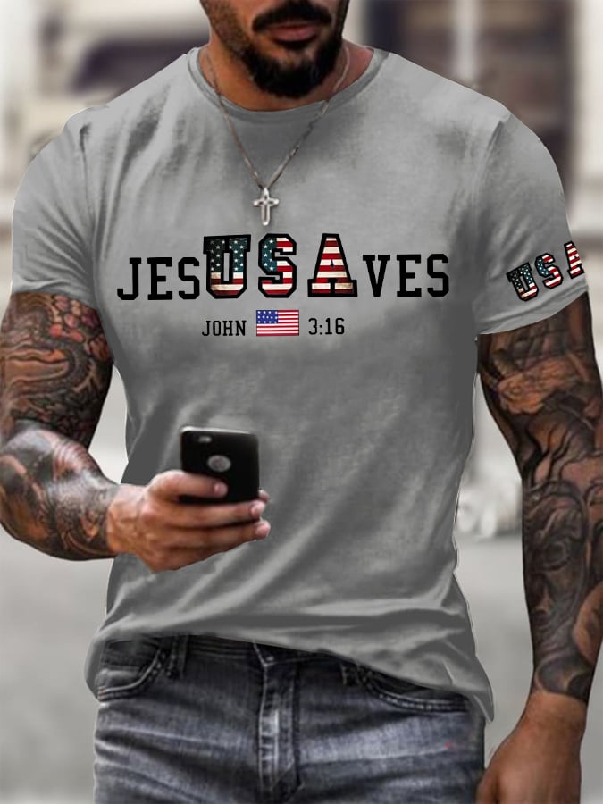 🔥Buy 3 Get 15% Off🔥Men's Vintage USA Jesus Saves Printed Round Neck T-Shirt