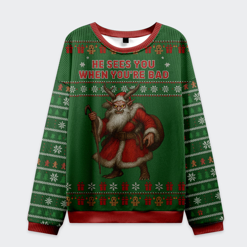 Tokyo-Tiger Vintage Krampus Sees you When you're bad Christmas Ugly Sweatshirt