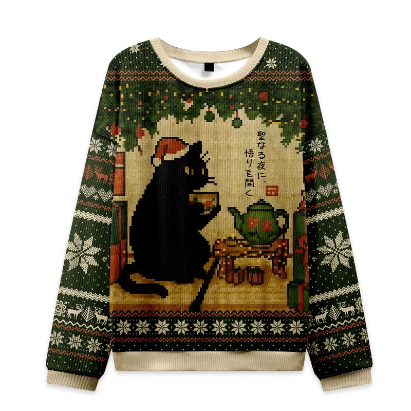 Tokyo-Tiger Cute Cat Drinking Tea Christmas Ugly Sweatshirt