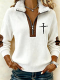 Women's Casual Retro Faith Print Patchwork Fur Collar Long-Sleeve Sweatshirt