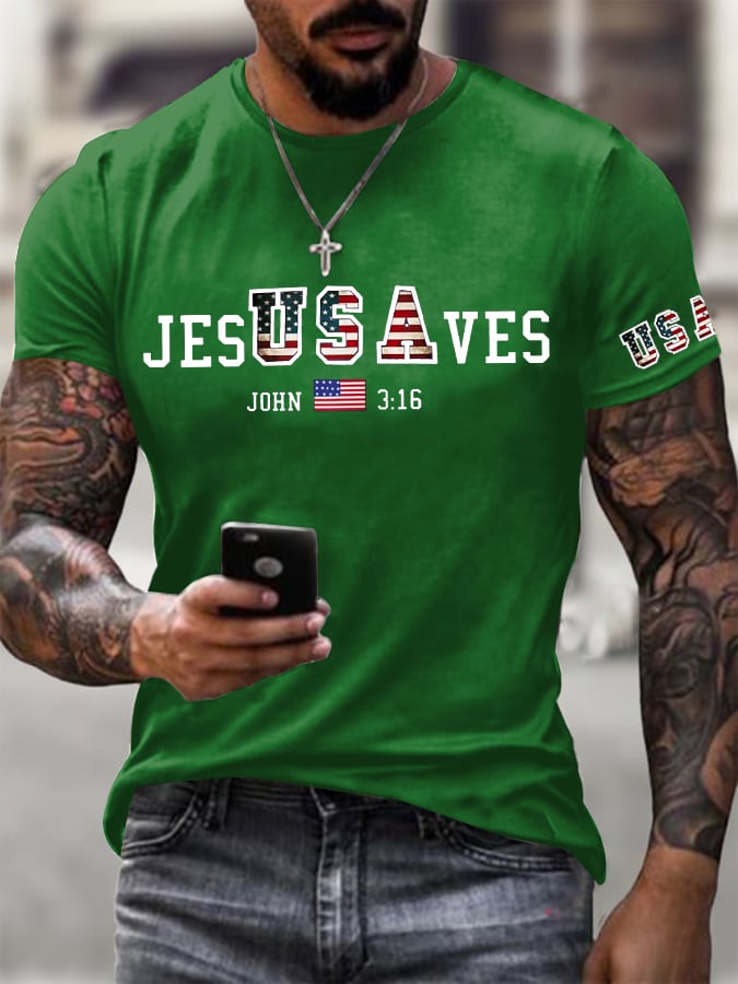 🔥Buy 3 Get 15% Off🔥Men's Vintage USA Jesus Saves Printed Round Neck T-Shirt