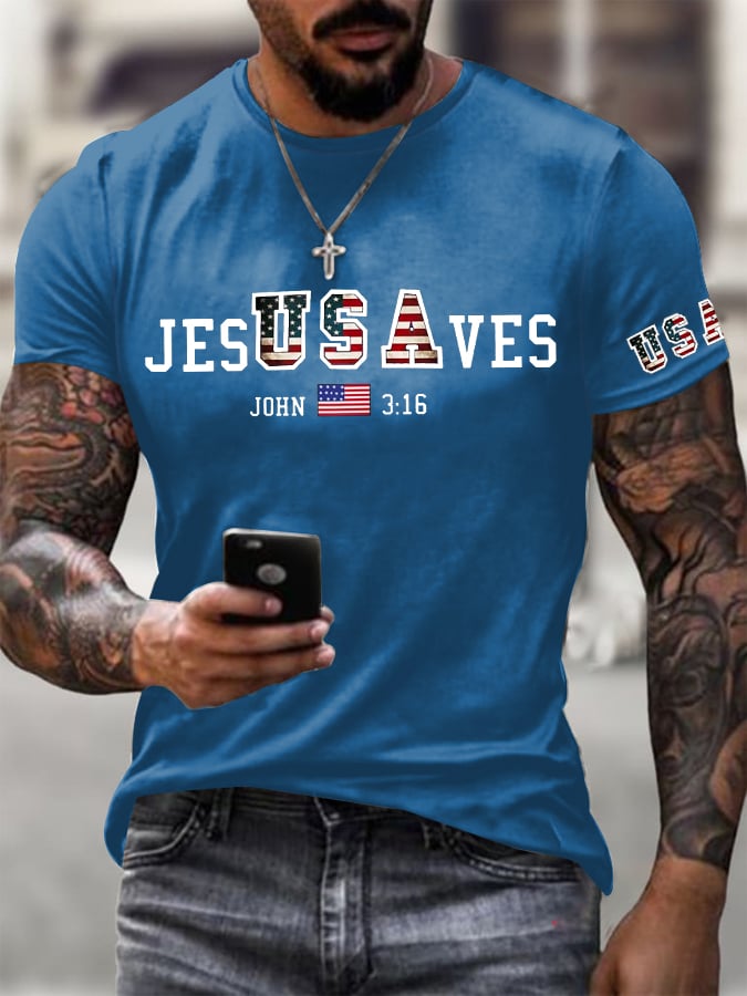 🔥Buy 3 Get 15% Off🔥Men's Vintage USA Jesus Saves Printed Round Neck T-Shirt