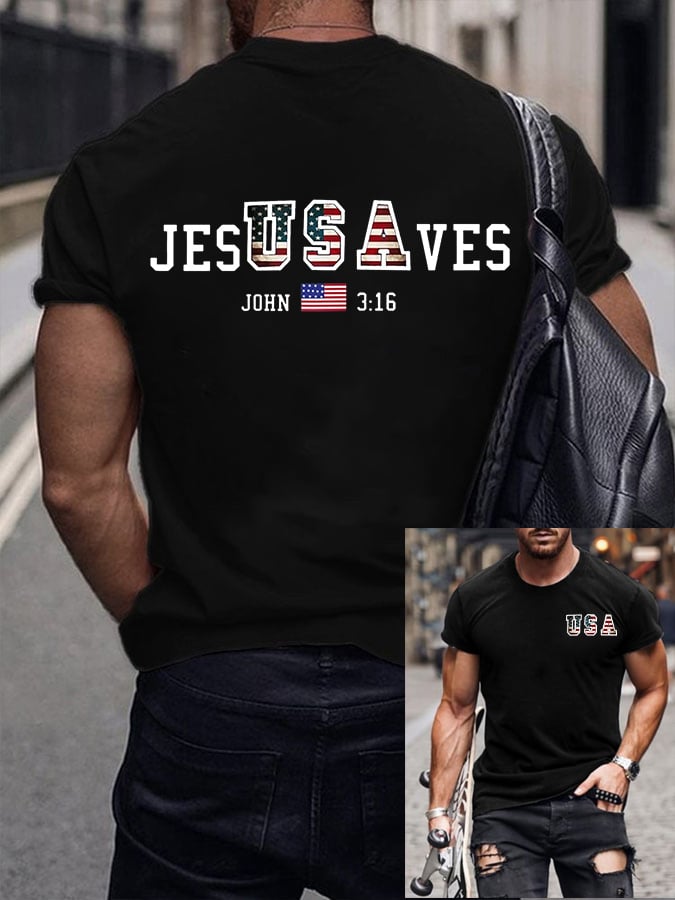 🔥Buy 3 Get 15% Off🔥Men's Vintage USA Jesus Saves Printed Round Neck T-Shirt