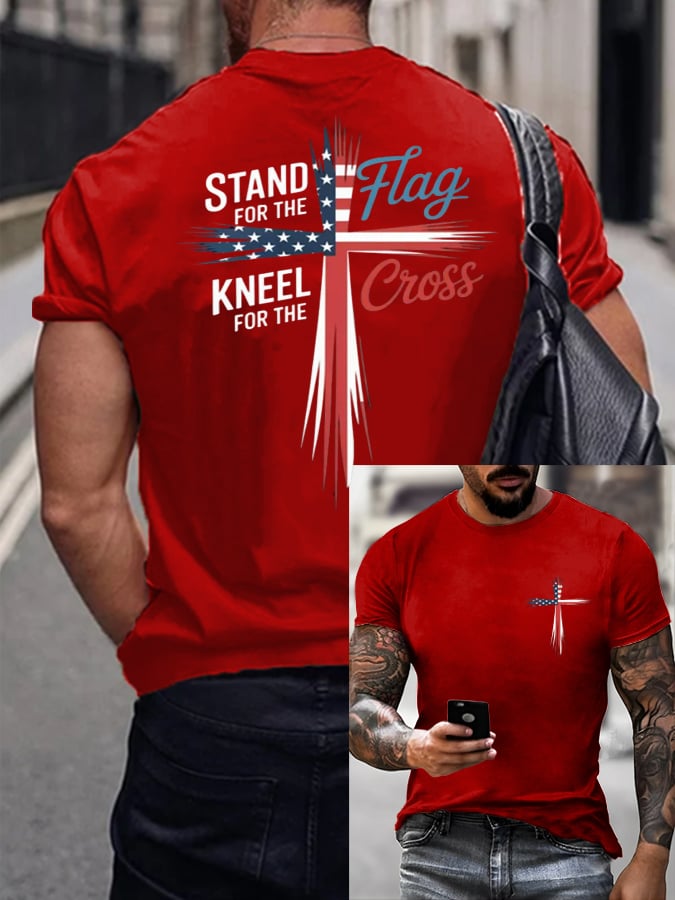 🔥Buy 3 Get 15% Off🔥🔥Hot Sale Picks 🔥Men's Stand For Flag Kneel For The Cross Print T-Shirt