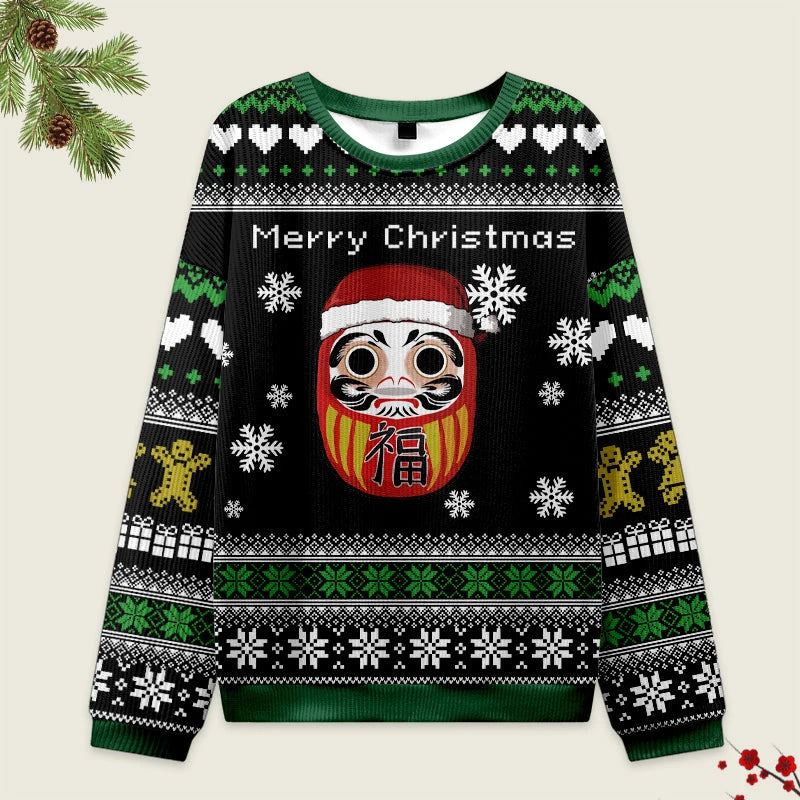 Tokyo-Tiger Japanese Daruma Black Christmas Ugly Sweatshirt