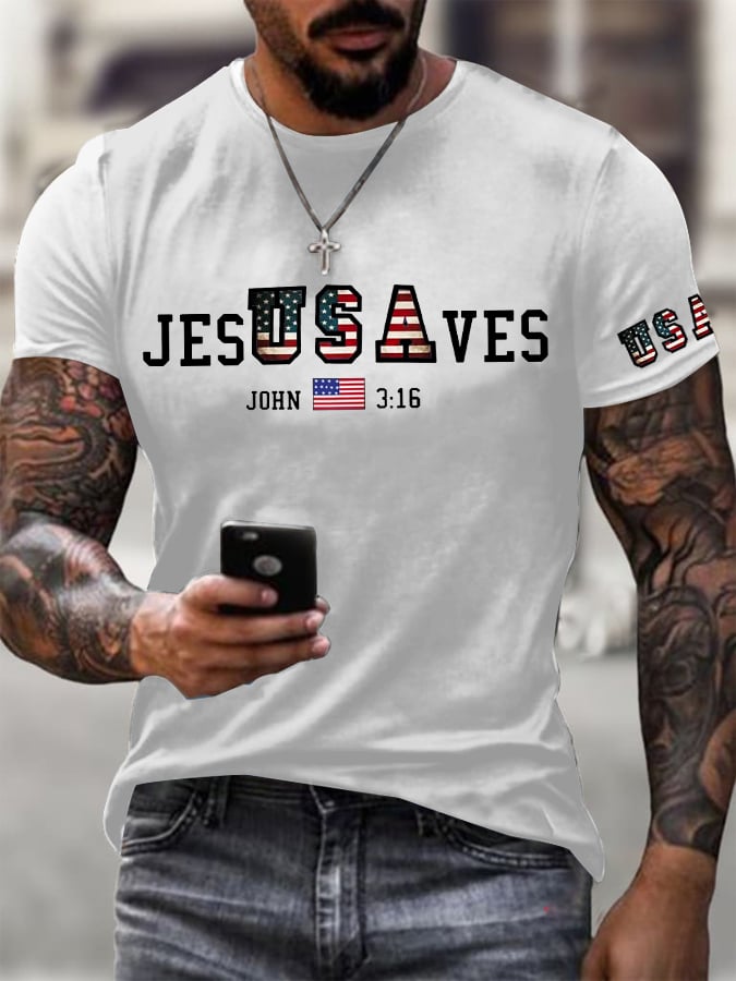 🔥Buy 3 Get 15% Off🔥Men's Vintage USA Jesus Saves Printed Round Neck T-Shirt
