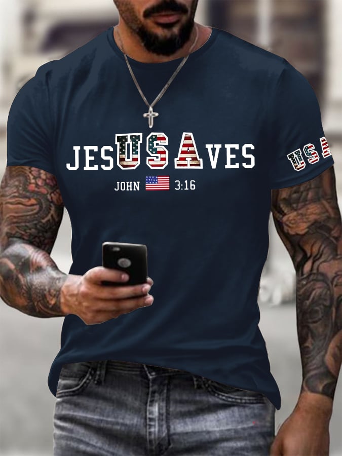 🔥Buy 3 Get 15% Off🔥Men's Vintage USA Jesus Saves Printed Round Neck T-Shirt