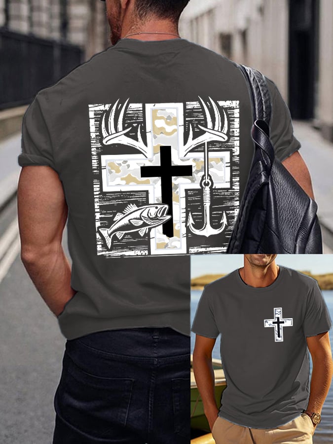 Men's Retro Faith Fishing Hunting Print T-Shirt